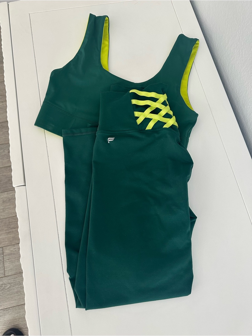 Reversible Fabletics Dark Green Sports Bra with Neon Yellow Accents